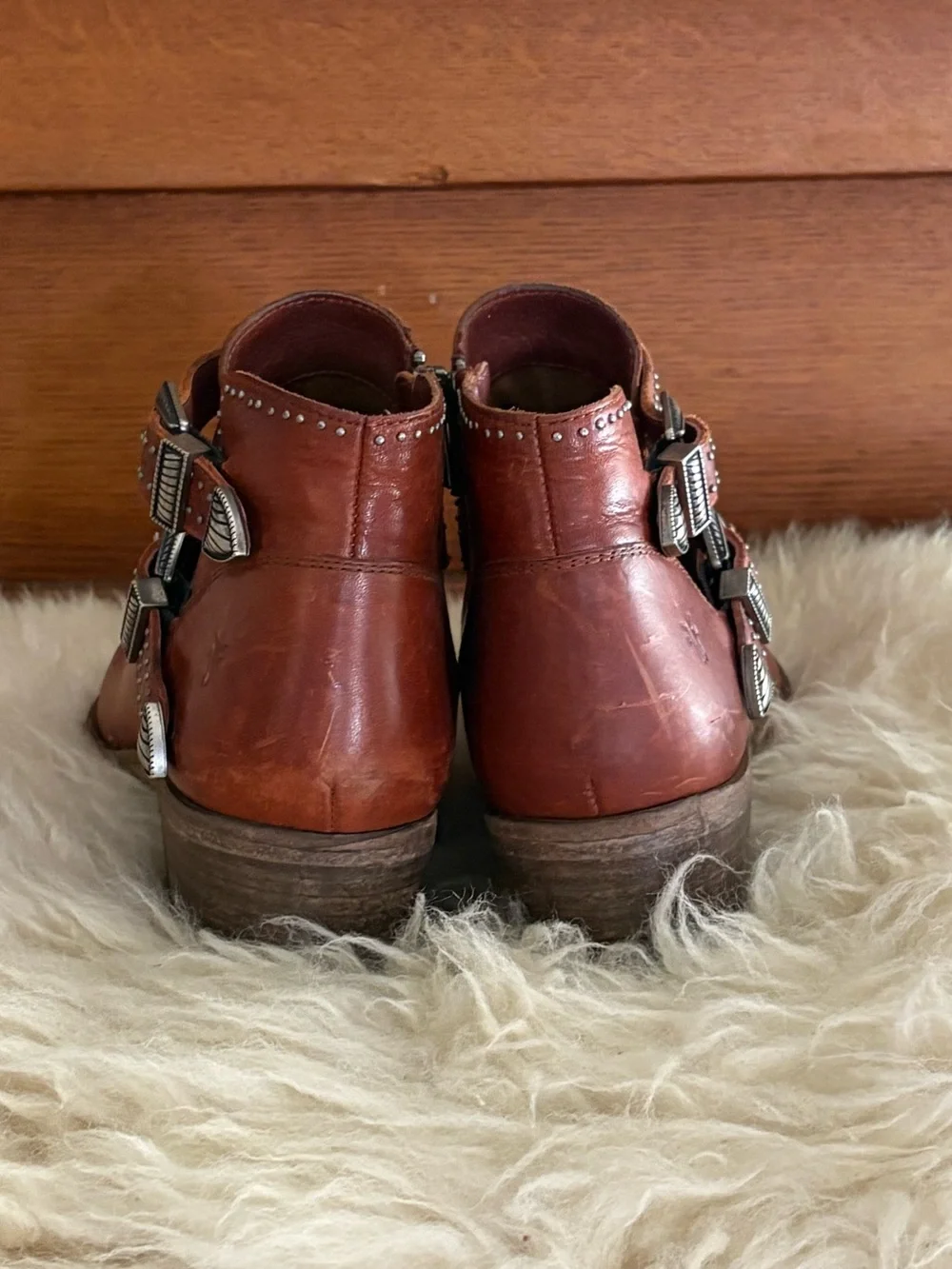 Frye ‘Ray Deco’ Red Clay Leather Buckle Side Zip Ankle Boots